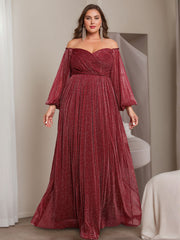 Princess A-Line Off-the-Shoulder Floor-Length Plus Size Mother of the Bride Dress with Long Sleeves and Ruffles