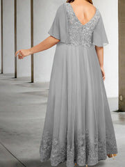 Plus Size V-Neck A-Line Princess Floor-Length Mother of the Bride Dress with Appliques and Half Sleeves