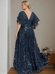 Plus Size V-Neck A-Line Princess Floor-Length Mother of the Bride Dress with Sequins and Half Sleeves