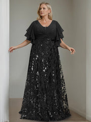 Plus Size V-Neck A-Line Princess Floor-Length Mother of the Bride Dress with Sequins and Half Sleeves