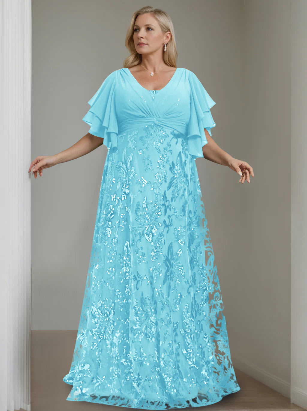 Plus Size V-Neck A-Line Princess Floor-Length Mother of the Bride Dress with Sequins and Half Sleeves