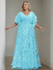 Plus Size V-Neck A-Line Princess Floor-Length Mother of the Bride Dress with Sequins and Half Sleeves