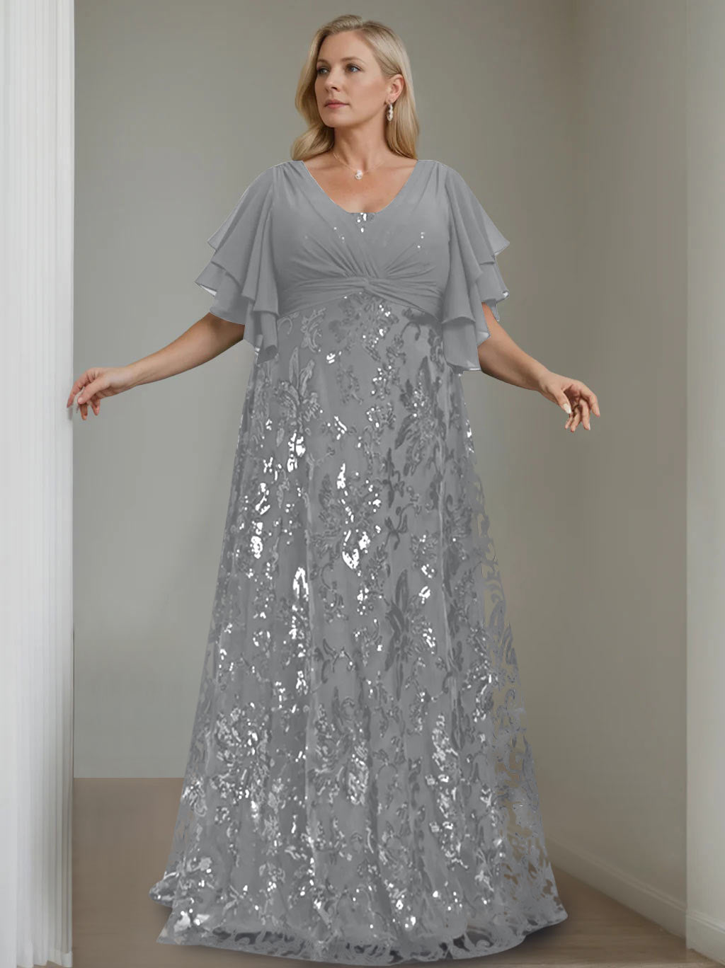 Plus Size V-Neck A-Line Princess Floor-Length Mother of the Bride Dress with Sequins and Half Sleeves