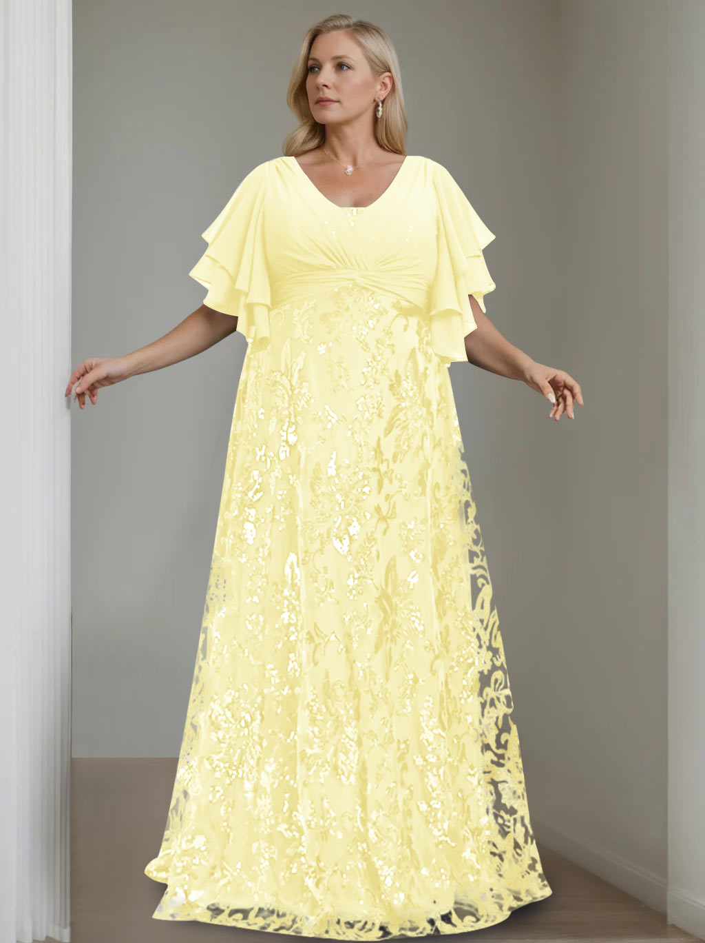 Plus Size V-Neck A-Line Princess Floor-Length Mother of the Bride Dress with Sequins and Half Sleeves