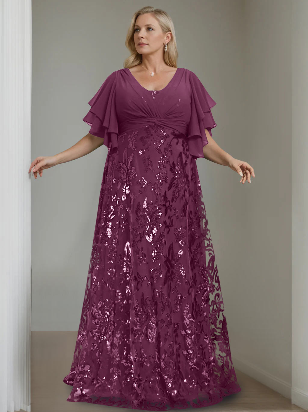 Plus Size V-Neck A-Line Princess Floor-Length Mother of the Bride Dress with Sequins and Half Sleeves