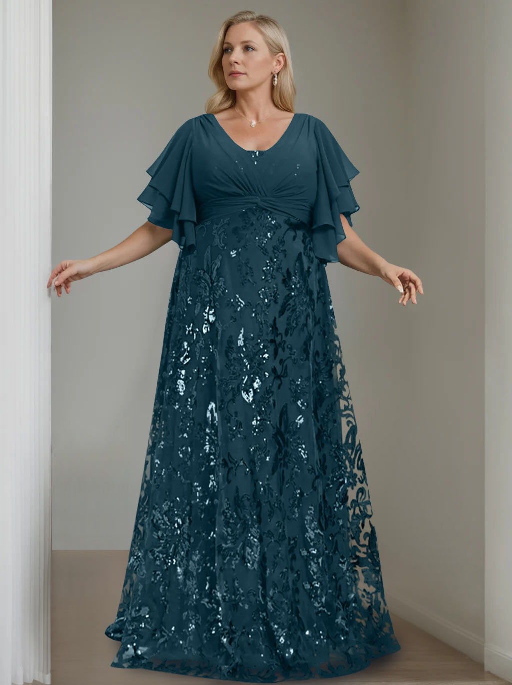 Plus Size V-Neck A-Line Princess Floor-Length Mother of the Bride Dress with Sequins and Half Sleeves