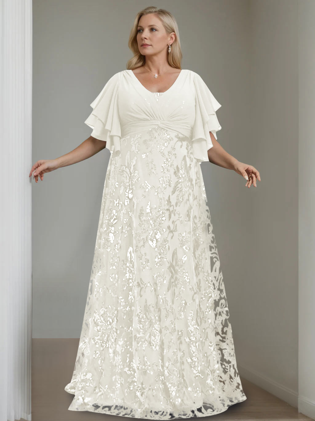 Plus Size V-Neck A-Line Princess Floor-Length Mother of the Bride Dress with Sequins and Half Sleeves