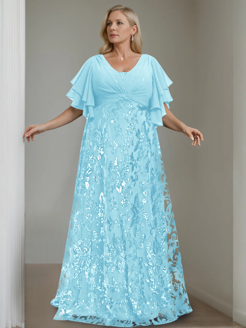 Plus Size V-Neck A-Line Princess Floor-Length Mother of the Bride Dress with Sequins and Half Sleeves