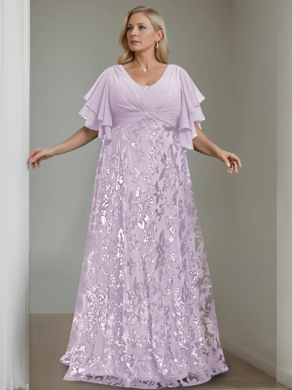 Plus Size V-Neck A-Line Princess Floor-Length Mother of the Bride Dress with Sequins and Half Sleeves