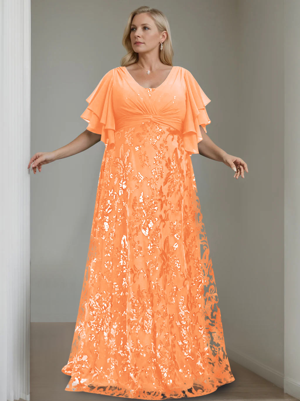 Plus Size V-Neck A-Line Princess Floor-Length Mother of the Bride Dress with Sequins and Half Sleeves