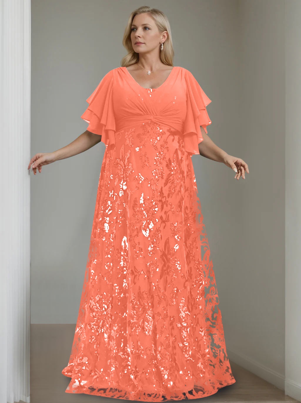 Plus Size V-Neck A-Line Princess Floor-Length Mother of the Bride Dress with Sequins and Half Sleeves