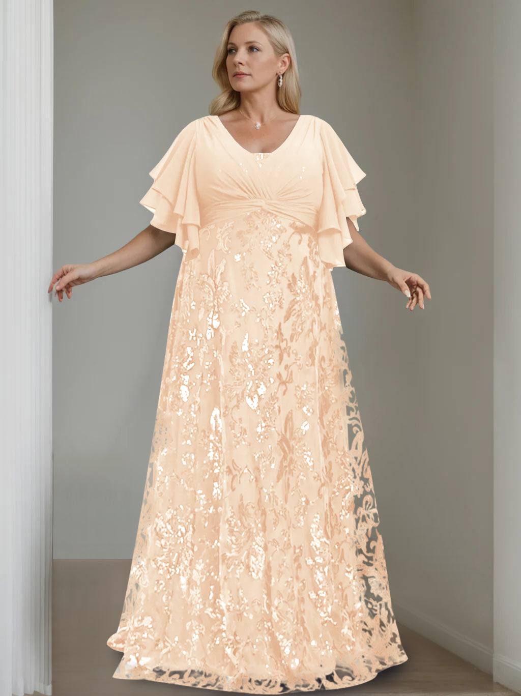 Plus Size V-Neck A-Line Princess Floor-Length Mother of the Bride Dress with Sequins and Half Sleeves