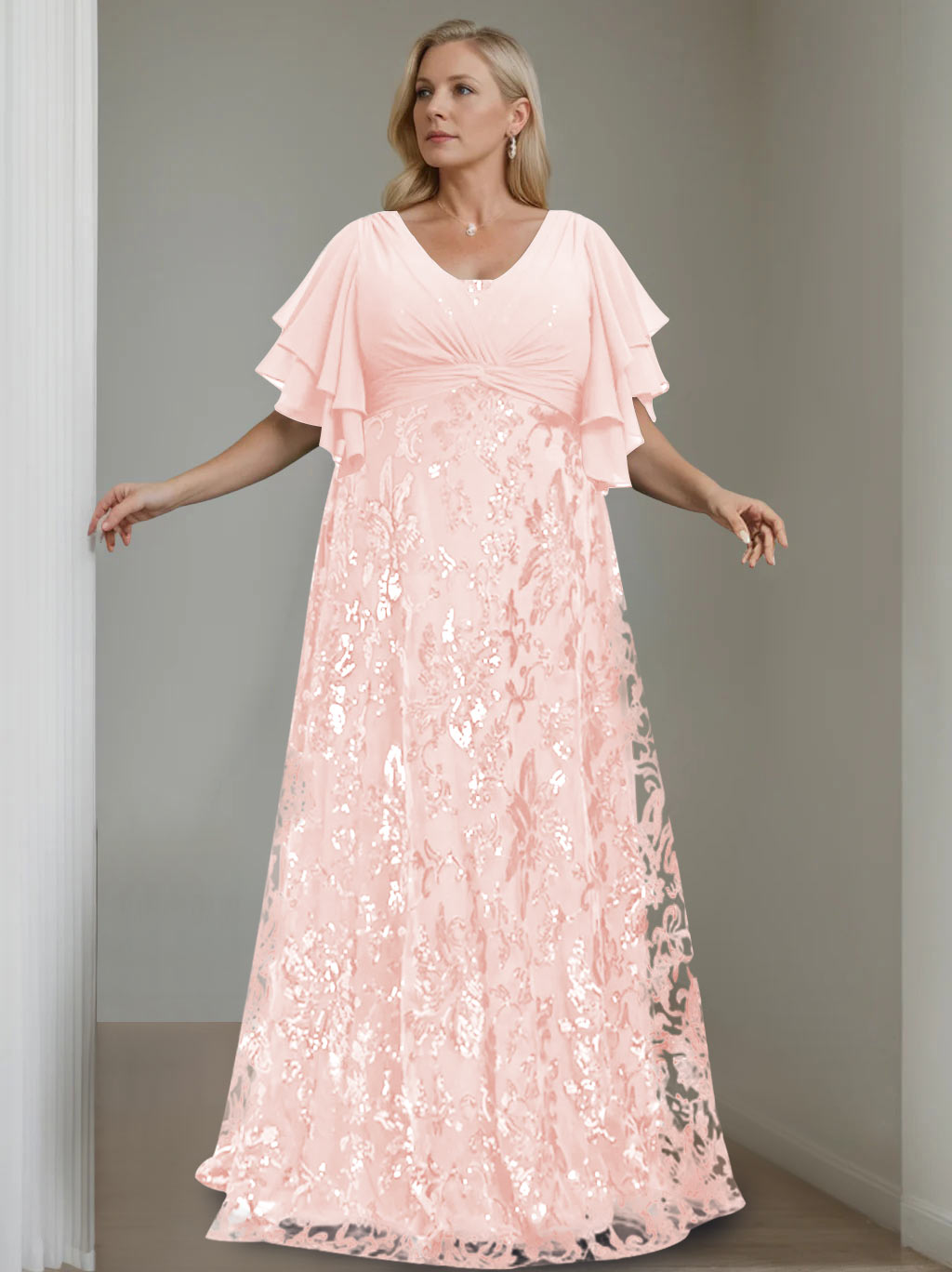 Plus Size V-Neck A-Line Princess Floor-Length Mother of the Bride Dress with Sequins and Half Sleeves