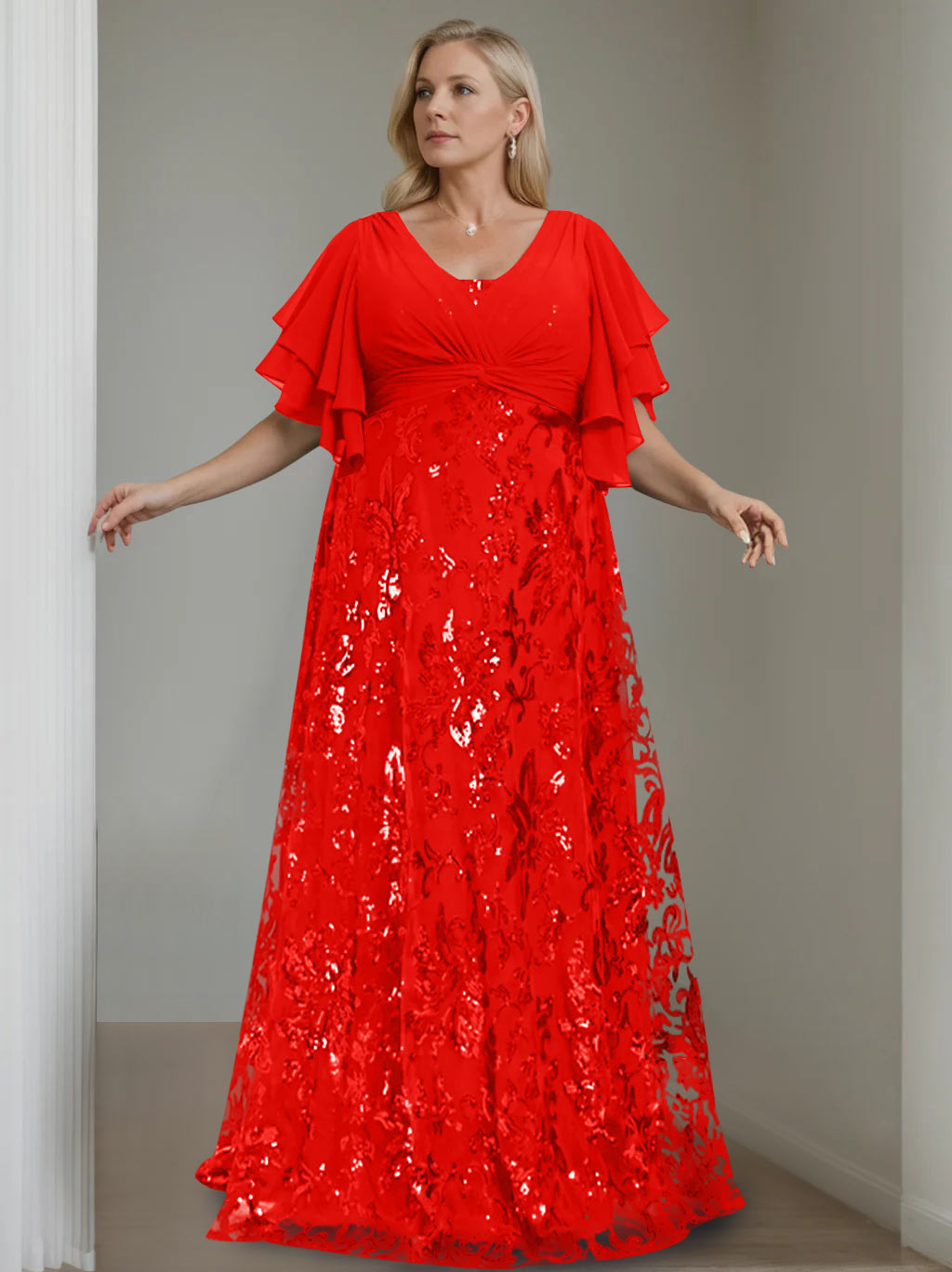 Plus Size V-Neck A-Line Princess Floor-Length Mother of the Bride Dress with Sequins and Half Sleeves