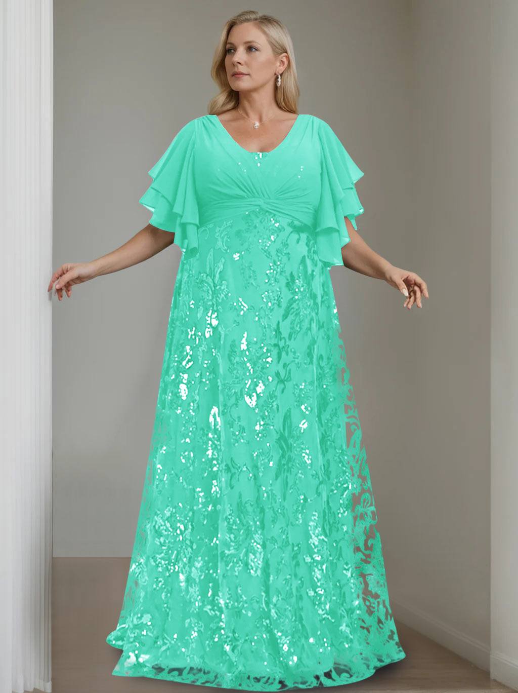 Plus Size V-Neck A-Line Princess Floor-Length Mother of the Bride Dress with Sequins and Half Sleeves