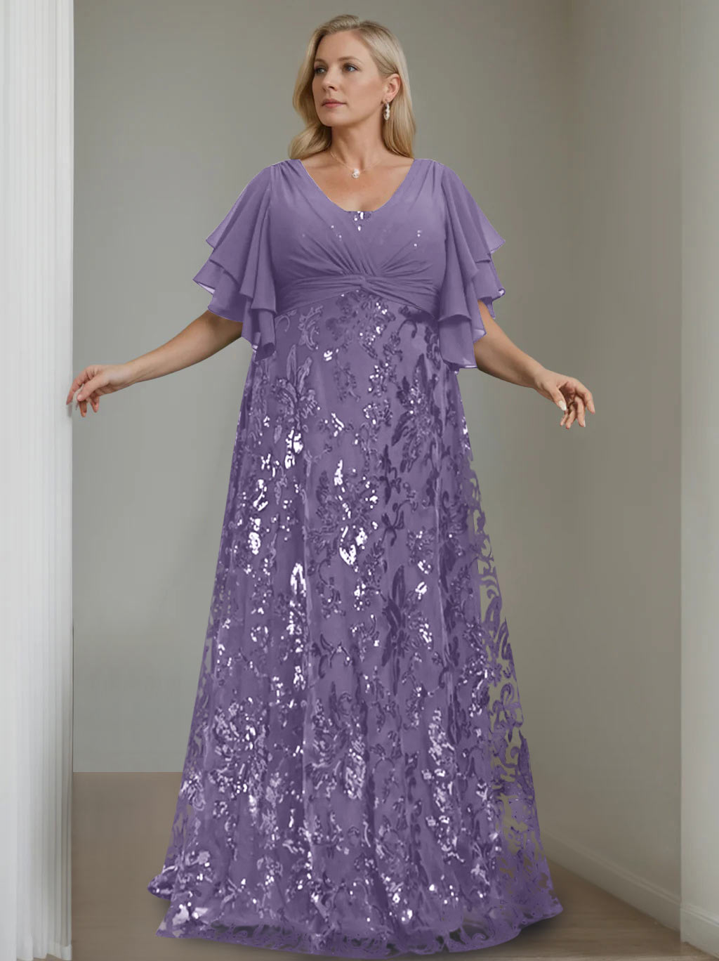 Plus Size V-Neck A-Line Princess Floor-Length Mother of the Bride Dress with Sequins and Half Sleeves