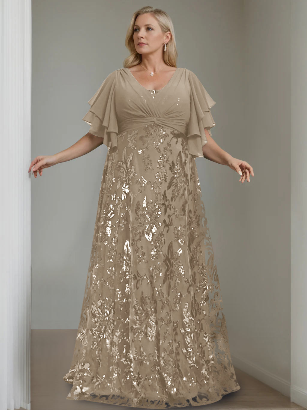 Plus Size V-Neck A-Line Princess Floor-Length Mother of the Bride Dress with Sequins and Half Sleeves