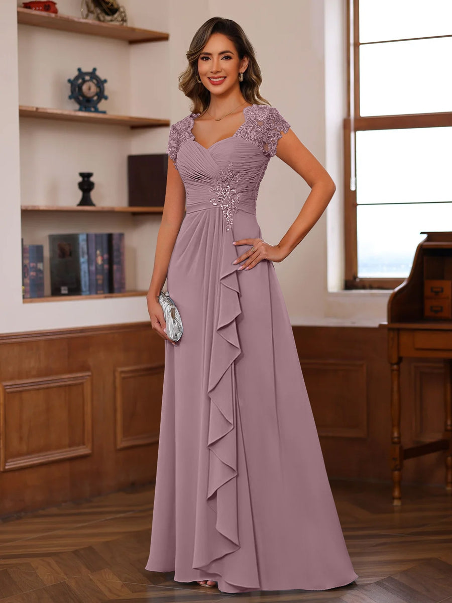 V-Neck A-Line Princess Short Sleeve Dress with Pleats Ruffles & Appliques for Mother of the Bride & Groom