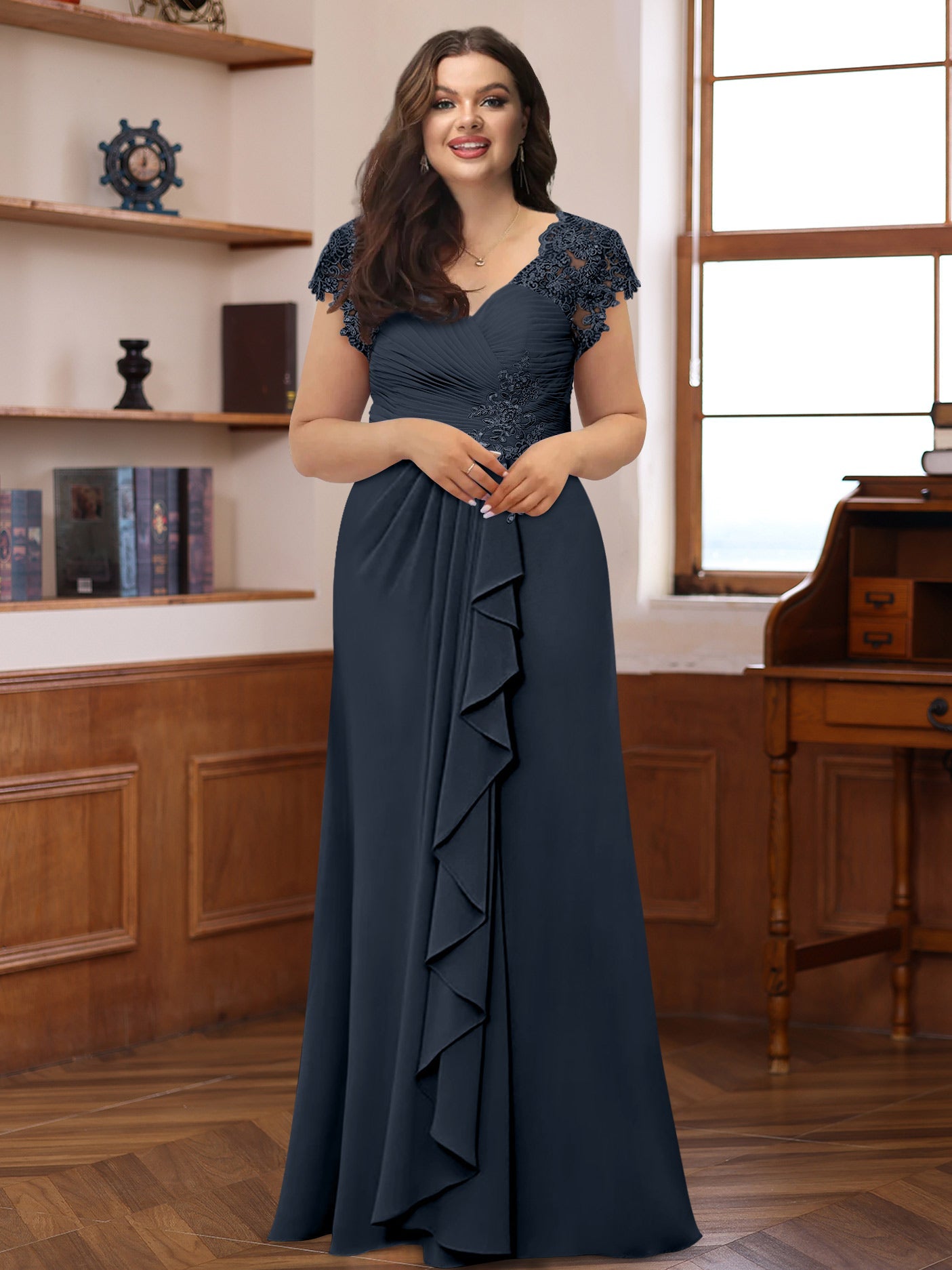 Plus Size V-Neck A-Line Princess Dress with Short Sleeves Ruffles and Appliques for Mothers of the Bride & Groom