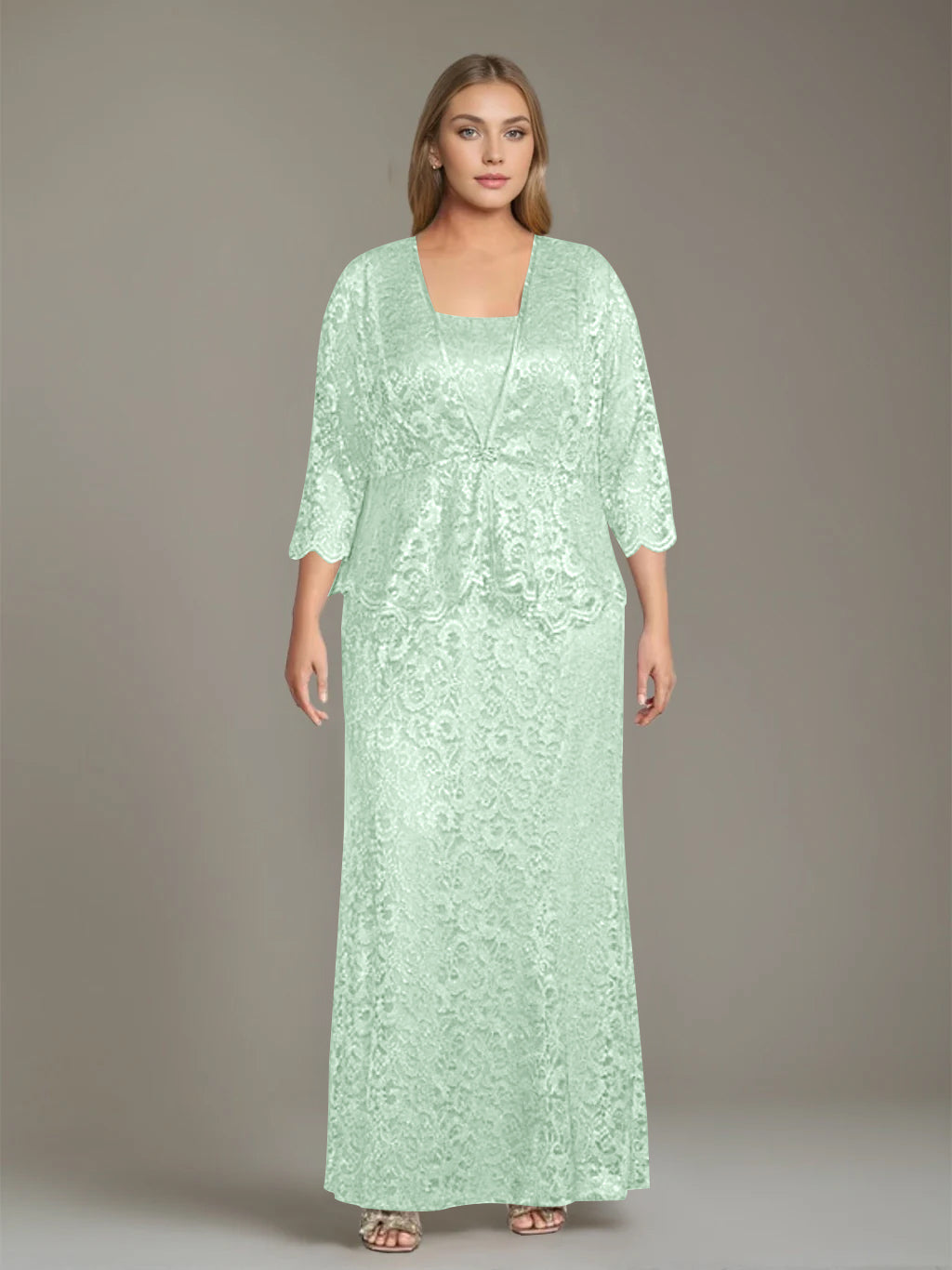Plus Size 2-Piece Mother of the Bride Dress Set with Square Neck and Floor-Length Sheath