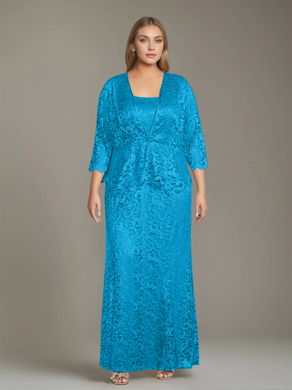 Plus Size 2-Piece Mother of the Bride Dress Set with Square Neck and Floor-Length Sheath