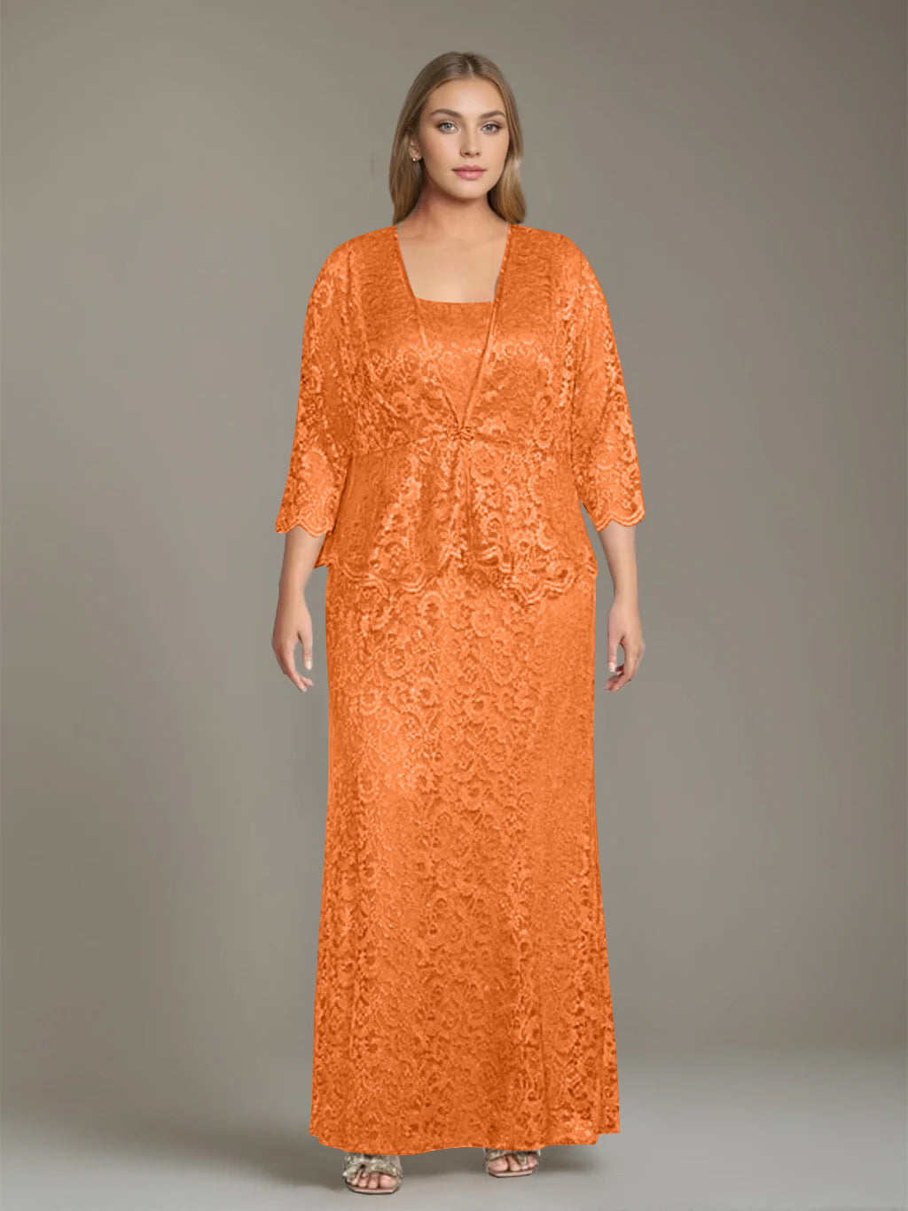 Plus Size 2-Piece Mother of the Bride Dress Set with Square Neck and Floor-Length Sheath