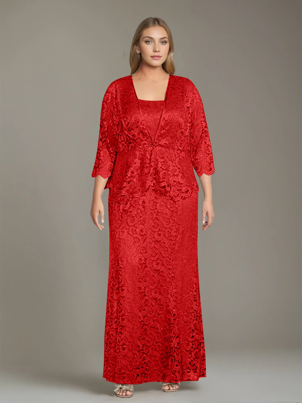 Plus Size 2-Piece Mother of the Bride Dress Set with Square Neck and Floor-Length Sheath