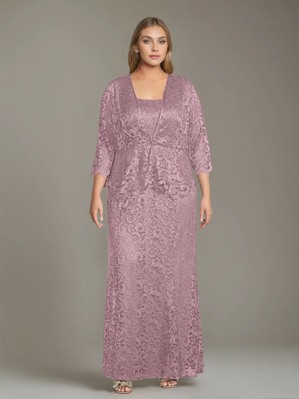Plus Size 2-Piece Mother of the Bride Dress Set with Square Neck and Floor-Length Sheath