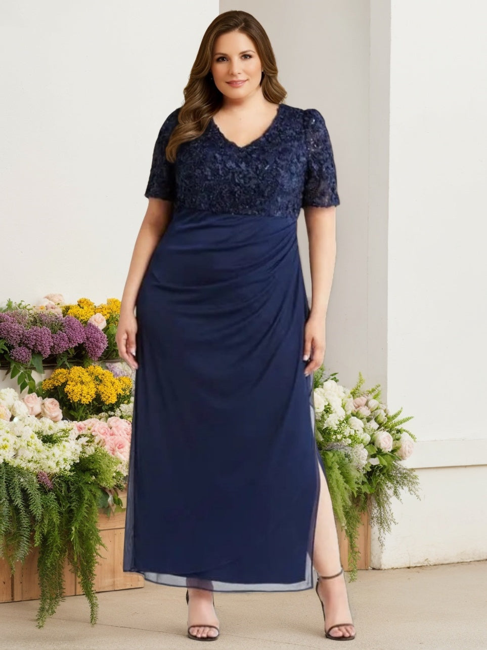 V-Neck Short-Sleeve Ankle-Length Plus Size Sheath/Column Mother of the Bride Dress with Sequins & Ruches