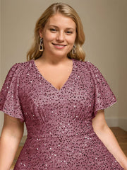 V-Neck A-Line Princess Short Sleeve Asymmetrical Plus Size Mother of the Bride Dress with Sequins and Ruffles