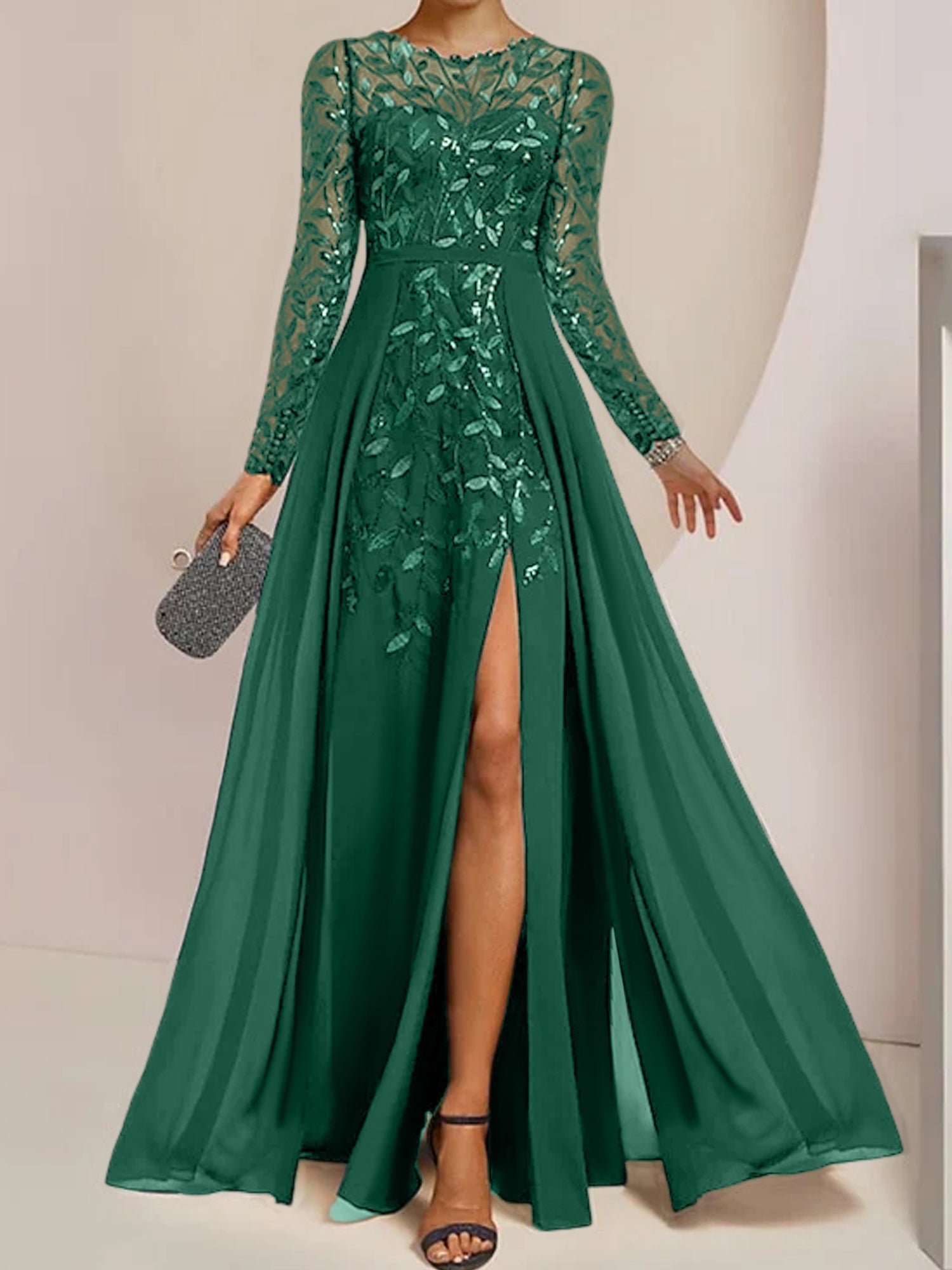 Floor-Length Mother of the Bride A-Line Dress with Scoop Neck Long Sleeves Side Split Ruffles and Sequins