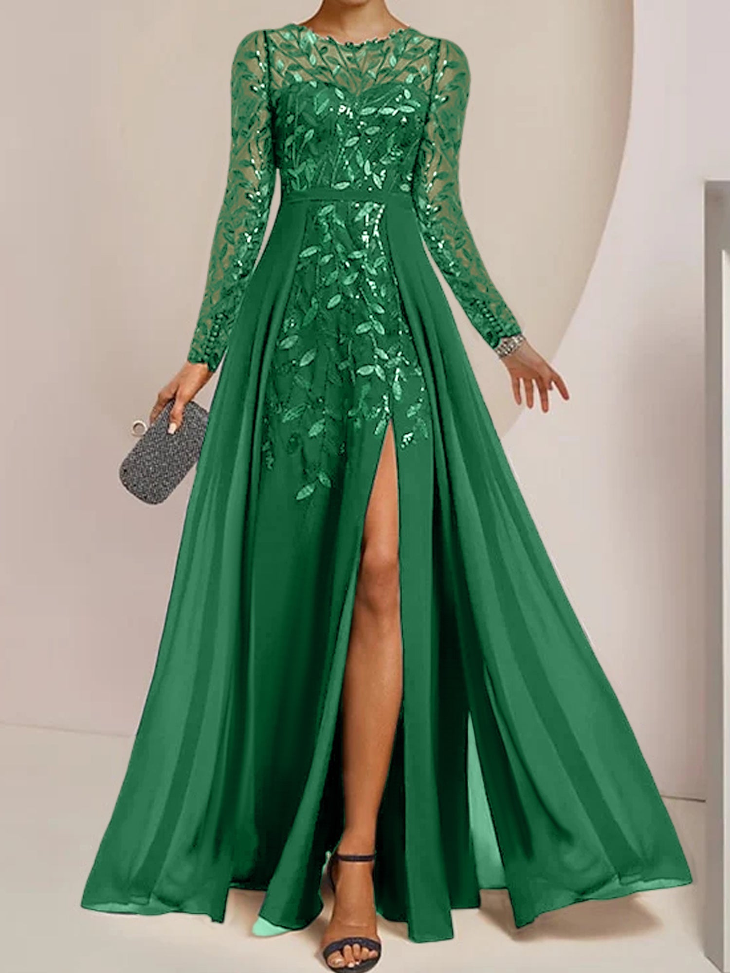Floor-Length Mother of the Bride A-Line Dress with Scoop Neck Long Sleeves Side Split Ruffles and Sequins