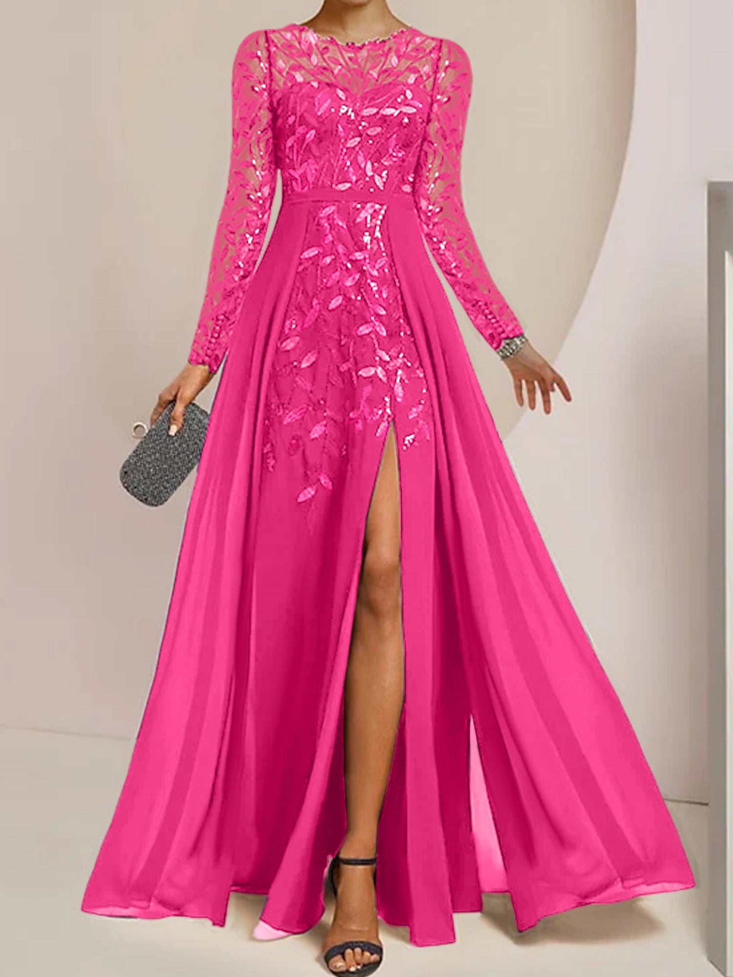 Floor-Length Mother of the Bride A-Line Dress with Scoop Neck Long Sleeves Side Split Ruffles and Sequins