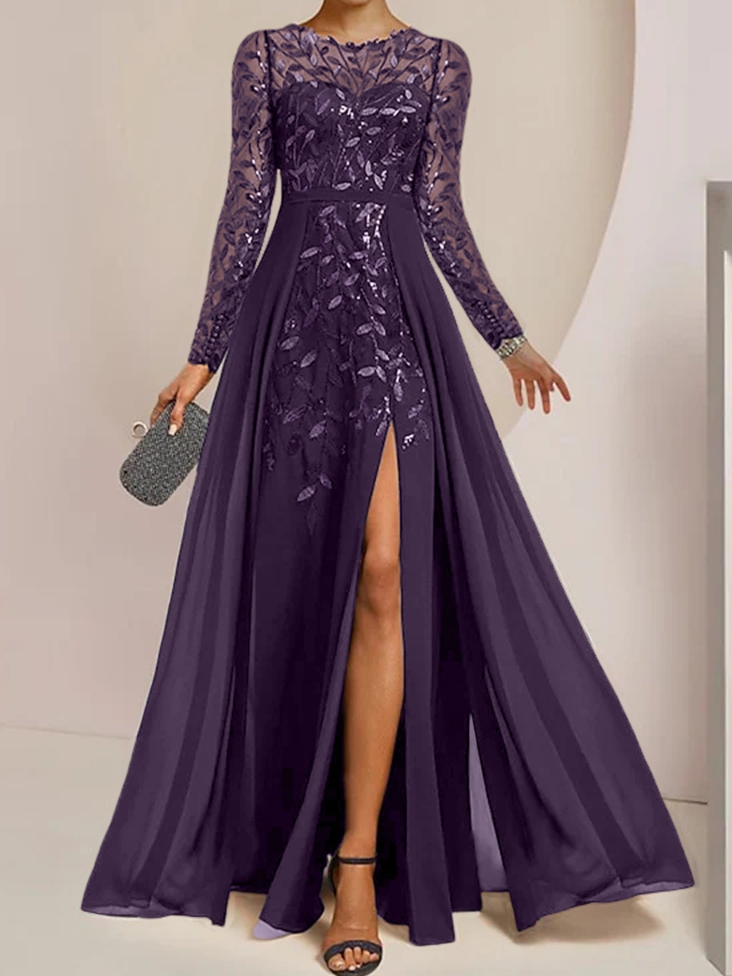 Floor-Length Mother of the Bride A-Line Dress with Scoop Neck Long Sleeves Side Split Ruffles and Sequins