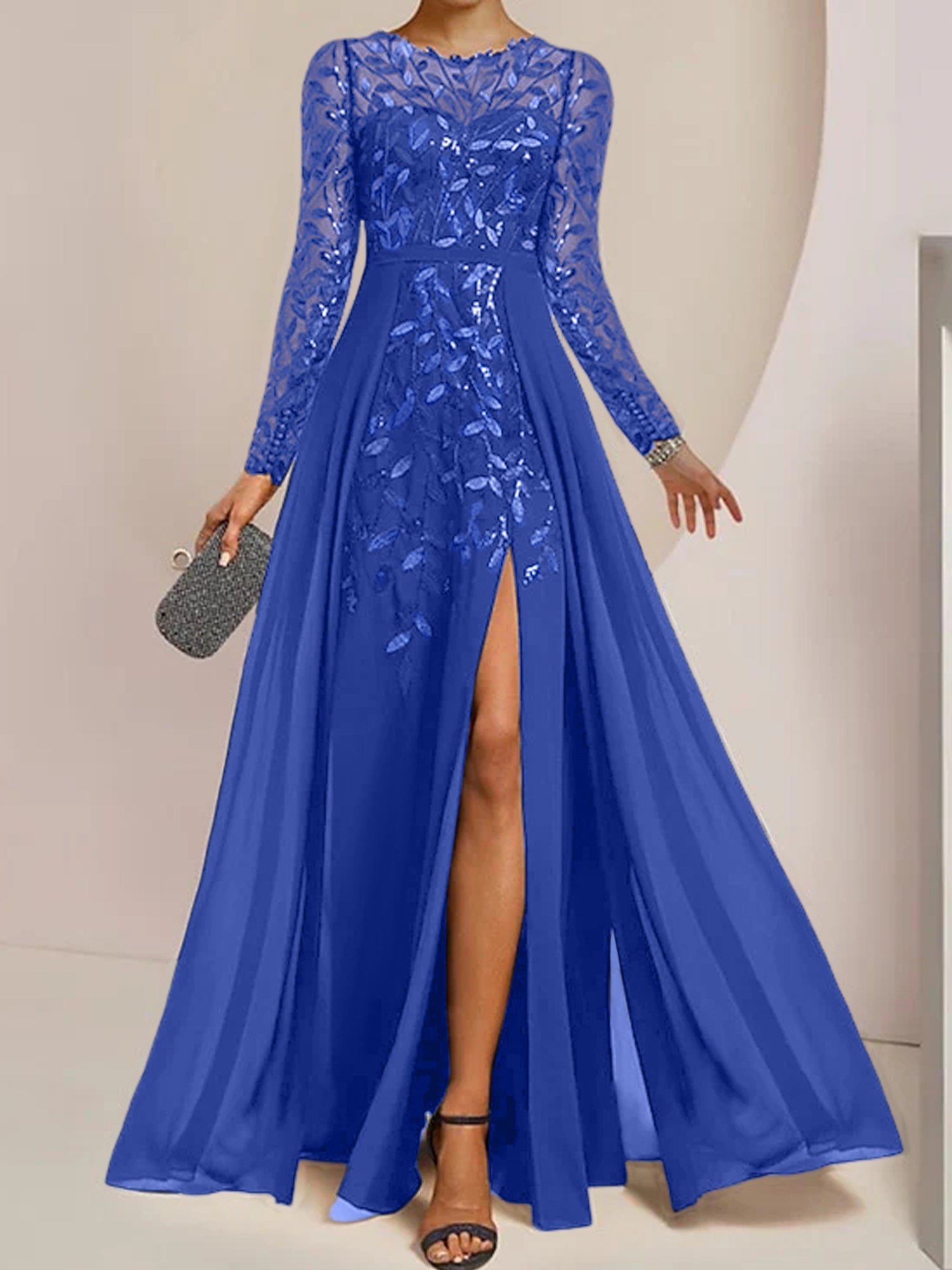 Floor-Length Mother of the Bride A-Line Dress with Scoop Neck Long Sleeves Side Split Ruffles and Sequins