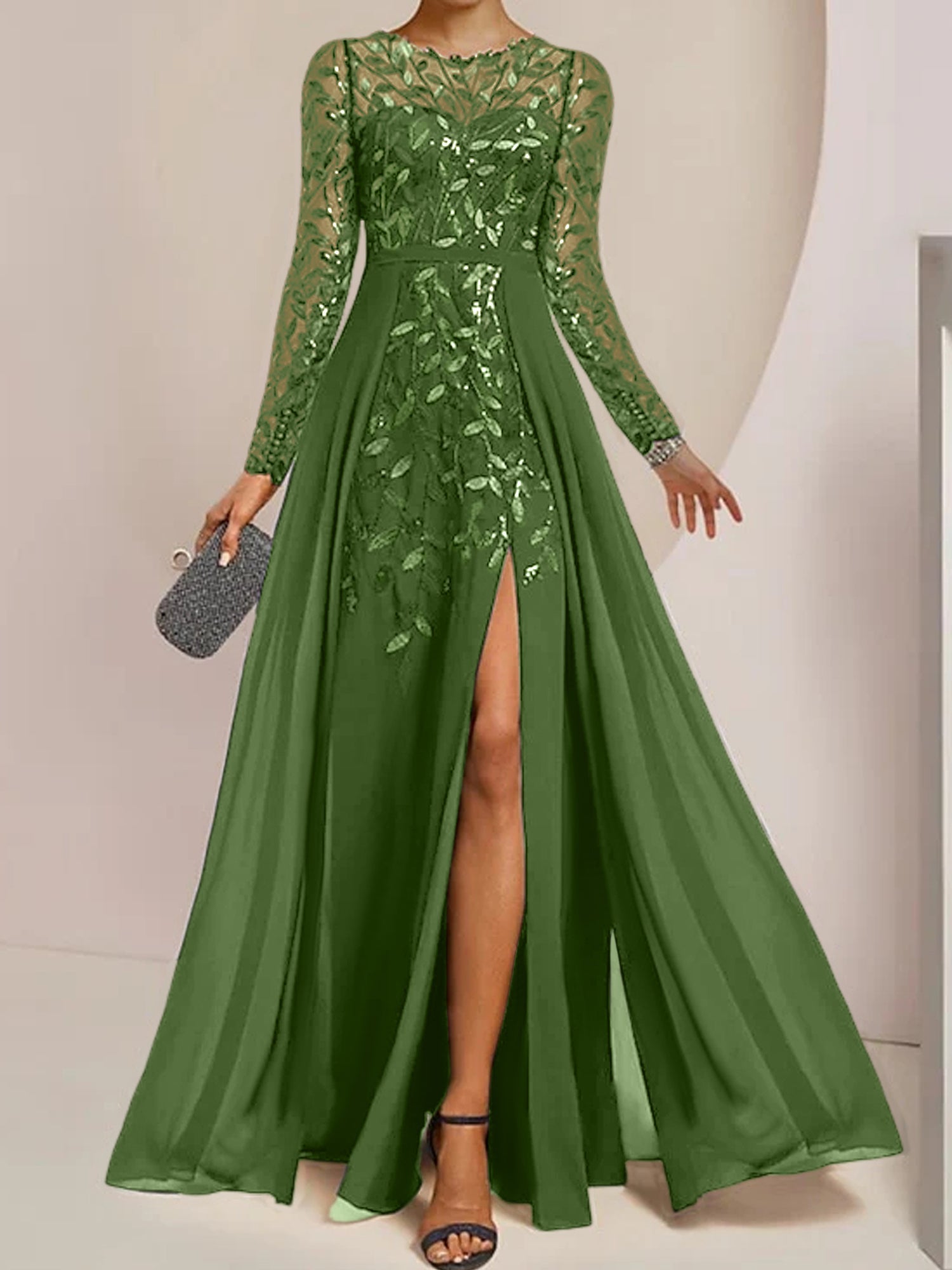 Floor-Length Mother of the Bride A-Line Dress with Scoop Neck Long Sleeves Side Split Ruffles and Sequins
