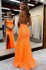 Orange Sequins Long Prom Dress with Mermaid Spaghetti Straps and Front Split