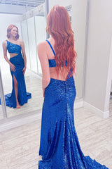 One Shoulder Royal Blue Sequined Prom Dress Featuring a Slit