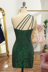 Glitter Dark Green One Shoulder Beaded Tight Homecoming Dress/Mini Dress