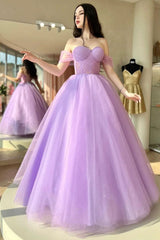 Purple Long Prom Dress with Criss Cross Back and Off-the-Shoulder Princess A Line