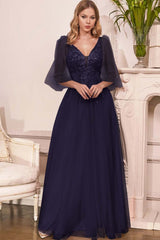 Charming Tulle V Neck Sleeveless Long Formal Dress With Appliques