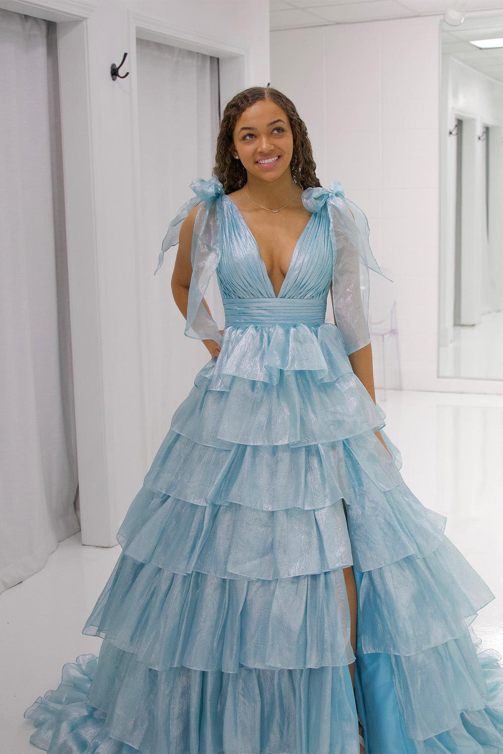 Pink Ruffled Prom Dress with Deep V Neckline in A-Line Style