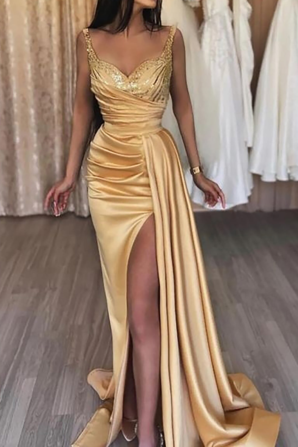 Champagne Long Prom Dress with Sweetheart Neckline and Mermaid Split Front