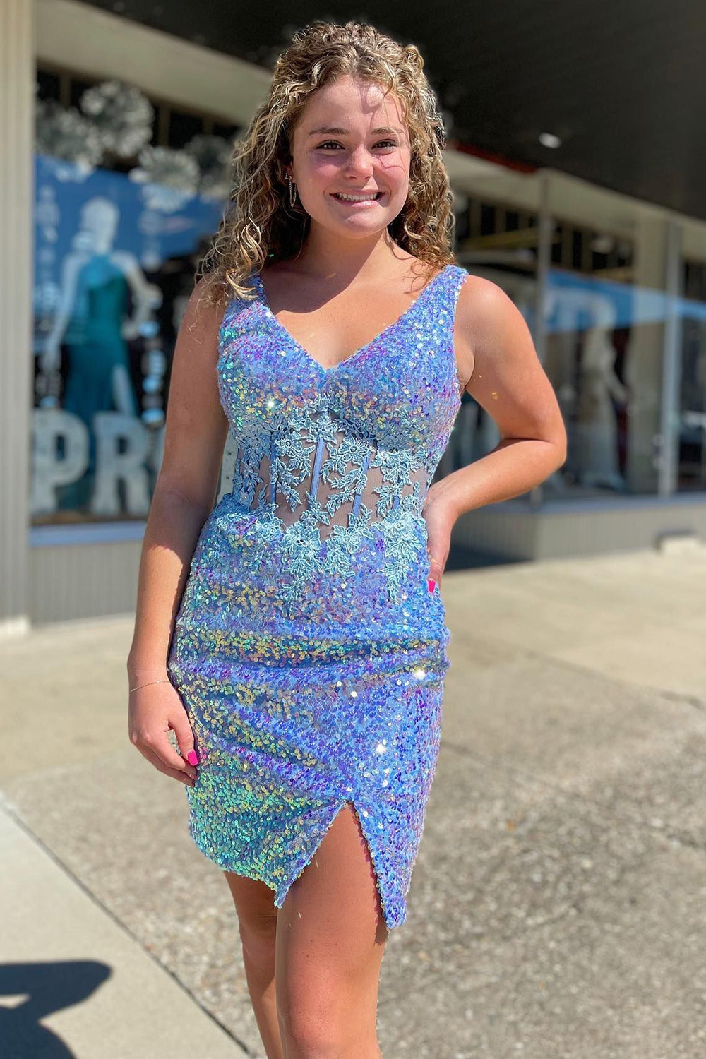 Sparkly Blue Corset Sequins Tight Short Homecoming Dress/Mini Dress with Lace