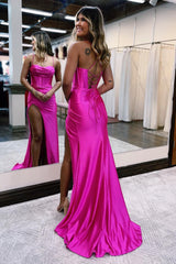 Satin Mermaid Prom Dress in Hot Pink with Spaghetti Straps and Slit