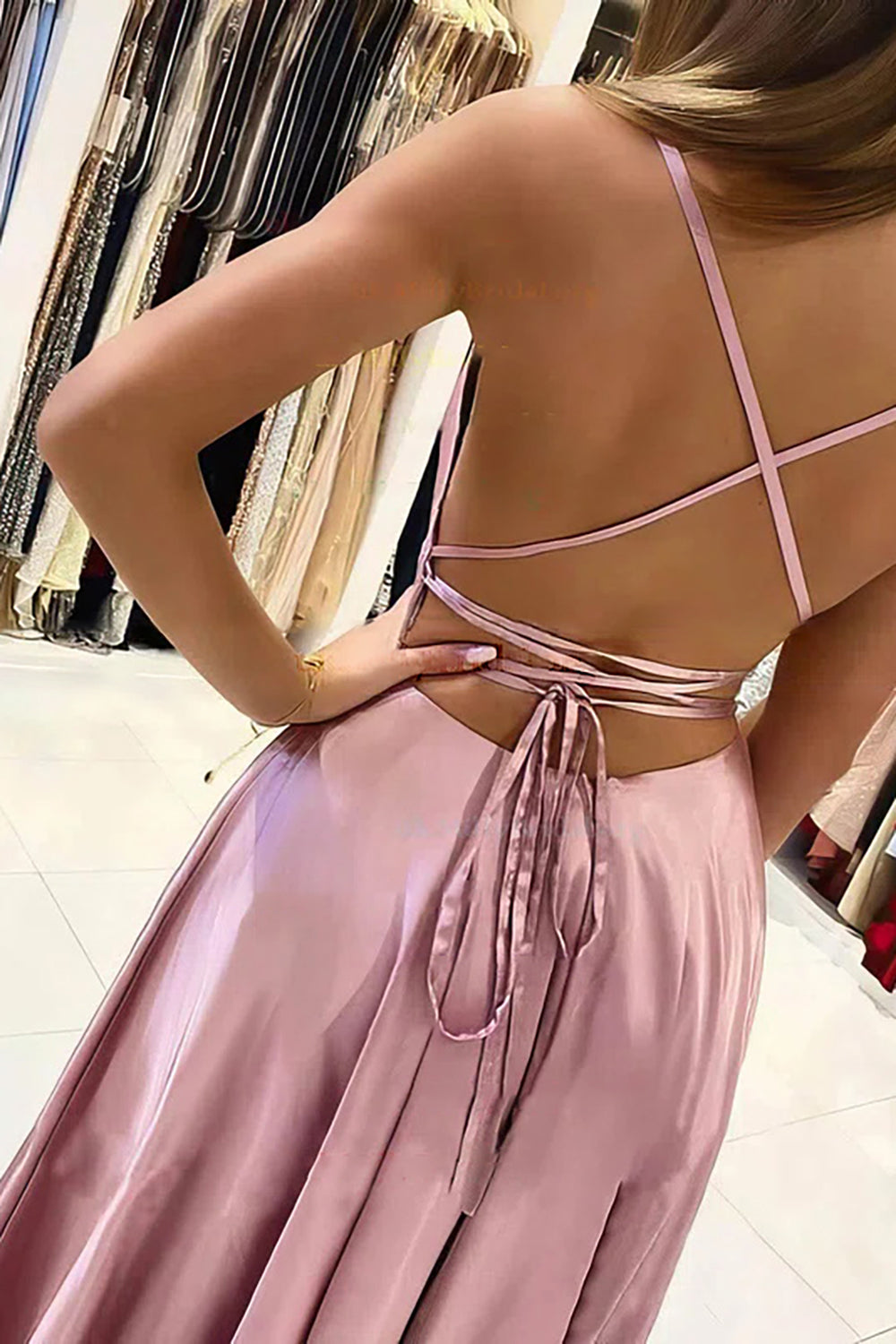 Simple Blush Satin Prom Dress with A-line Cut and Slit