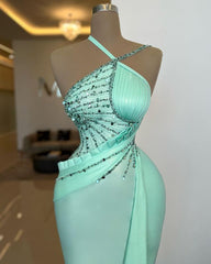 Noble Halter Light Blue Sleeveless Sequins Mermaid Evening Dress