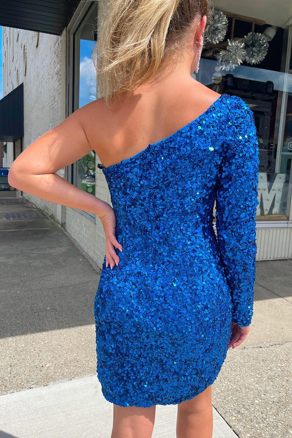 Pink One Shoulder One Sleeve Sequins Tight Short Homecoming Dress/Mini Dress