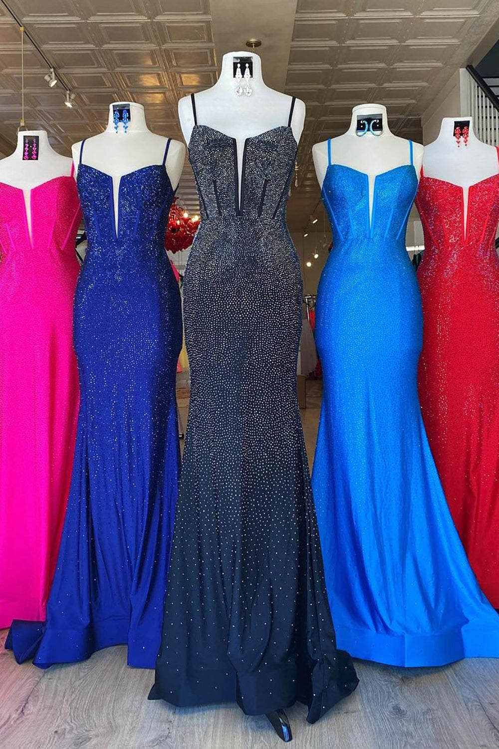 Long Fuchsia Mermaid Prom Dress with Glitter Beading and Spaghetti Straps