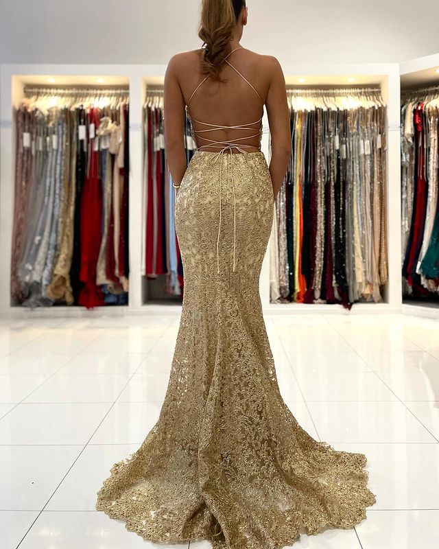 Gold Appliques Long Mermaid Evening Dress